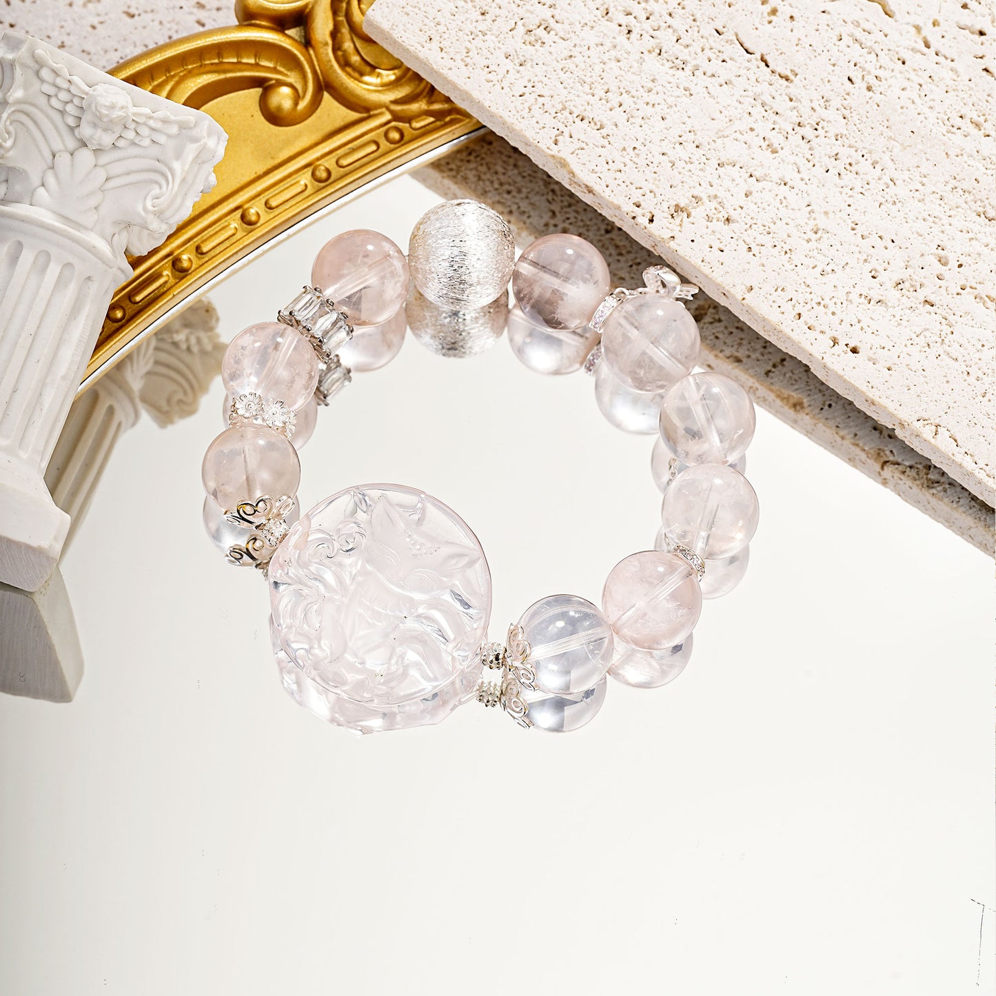 [LOVE]Pink Quartz Fox circle Carving Bracelet