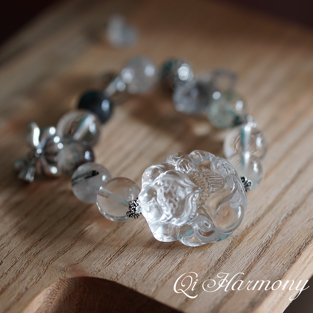 [Wisdom And Courage]Clear quartz nine-tailed fox  Carving silver accessories Bracelet