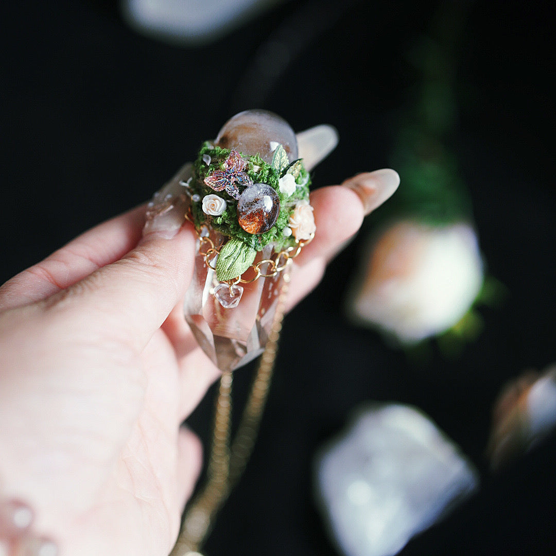 White Crystal Rutilated Quartz Ball Necklace